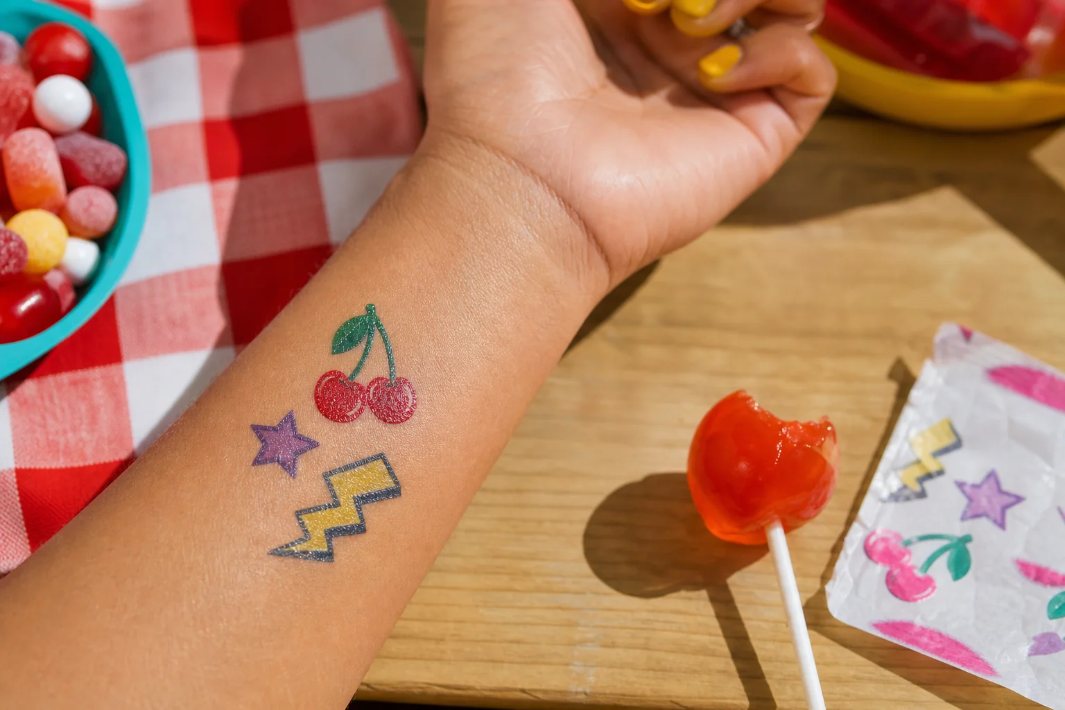 An adult forearm with temporary tattoos of a cherry, star, and lightning bolt beside a red lollipop