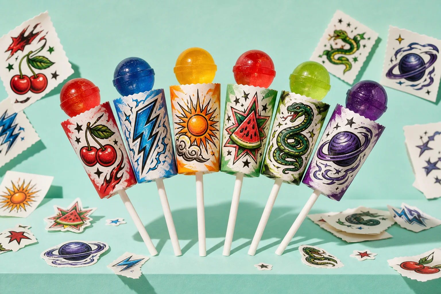 Six colorful lollipops in wrappers decorated with cherry, lightning, sunburst, watermelon, snake, and planet tattoo themes