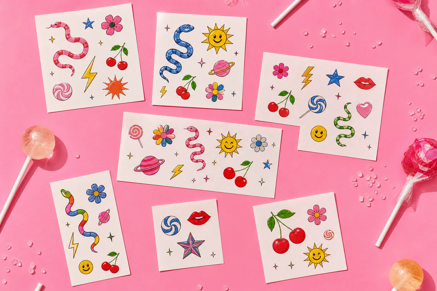 Flat lay of temporary tattoo wrapper sheets with snakes, cherries, flowers, suns, stars, and lollipops